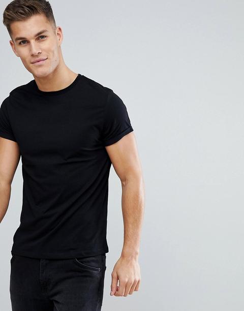 Asos Design T-shirt With Crew Neck And Roll Sleeve In Black