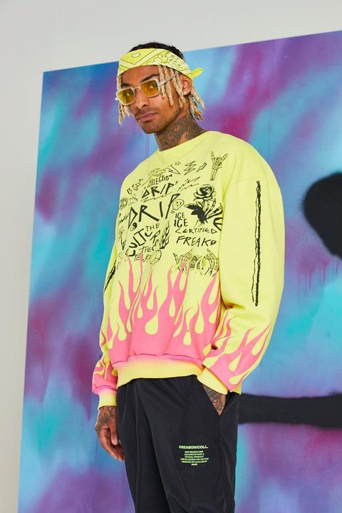 Mens Yellow Quavo Graffiti Print Flame Jumper, Yellow