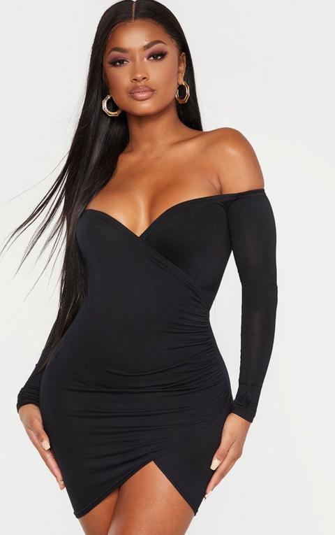 Shape Black Jersey Ruched Bardot Shoulder Bodycon Dress