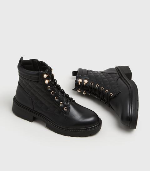 Black Quilted Faux Pearl Chunky Lace Up Boots New Look Vegan