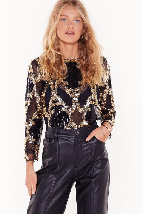 Womens It's Magic Sequin Mesh Blouse