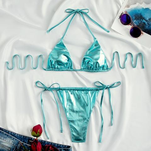 Metallic Halter Tie Side Bikini Swimsuit