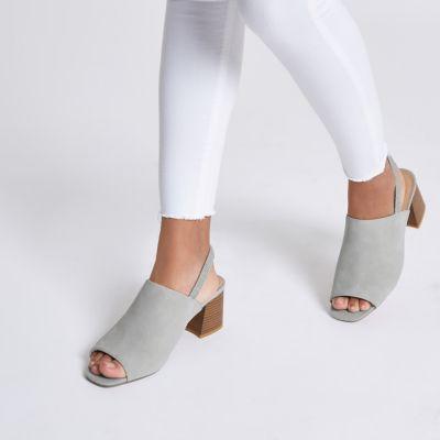 Grey Sling Back Block Heel Mules