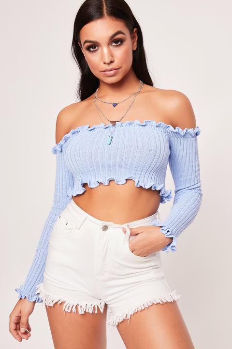 Jasmine Powder Blue Bardot Knitted Crop Top