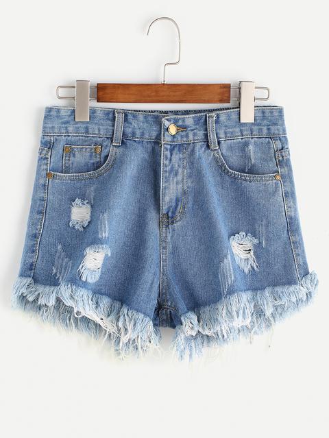 Blu Strappato Raw Denim Shorts Hem