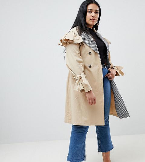 Lost Ink Plus - Trenchcoat Mit Gingan-kragen - Beige