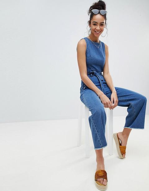 Missguided - Tuta Lunga Cropped Di Jeans Con Schiena Scoperta - Blu