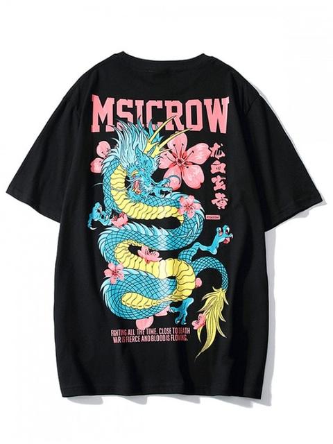 Camiseta Con Estampado De Dragón De Letras Chinas Black