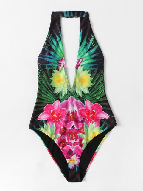 Flower Print Plunge V Neckline High Leg Swimsuit