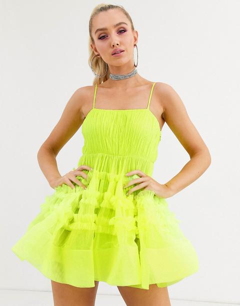 Lace & Beads - Robe Courte En Tulle Structuré Avec Body Intégré - Vert Citron Fluo-jaune