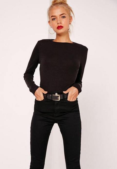 Crew Neck Ribbed Top Black, Black