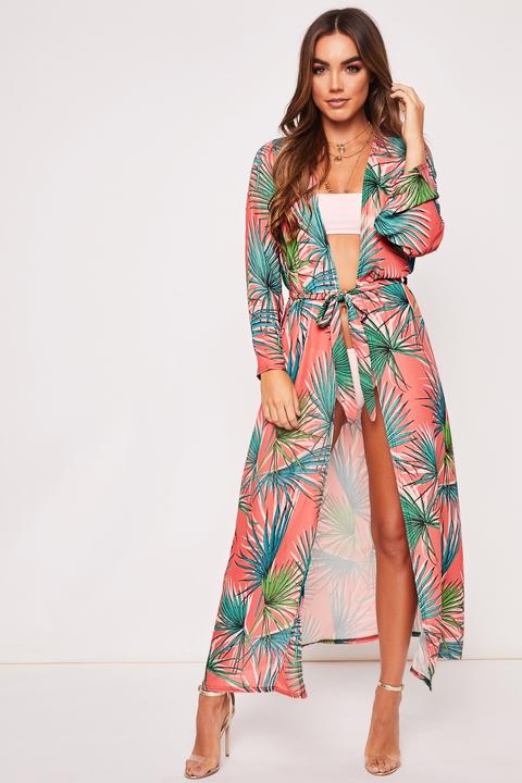 Zoey Coral Palm Print Kimono