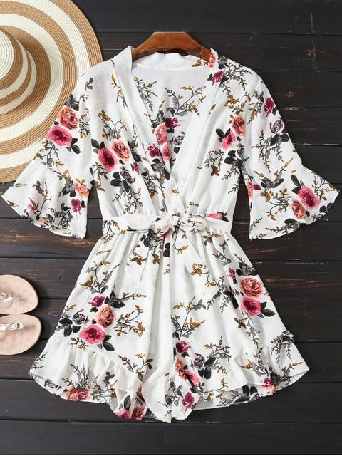 Floral Plunging Neck Belted Romper