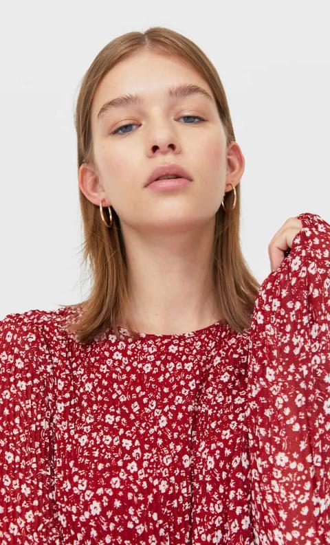 Stradivarius Blouse Plissée À Manches Longues Femme Rouge Foncé M