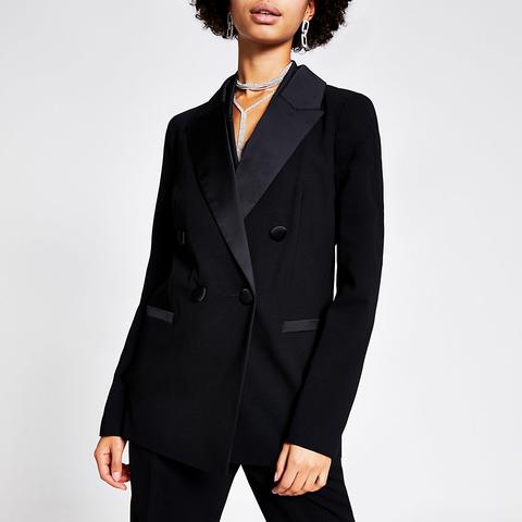 Black Double Breasted Satin Lapel Blazer
