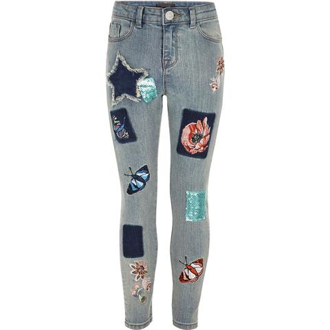 Girls Blue Embroidered Amelie Skinny Jeans