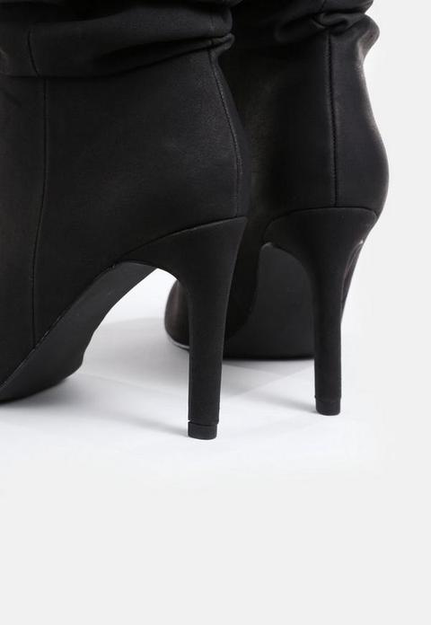 Black Faux Suede Ruched Stiletto Ankle Boots, Black from