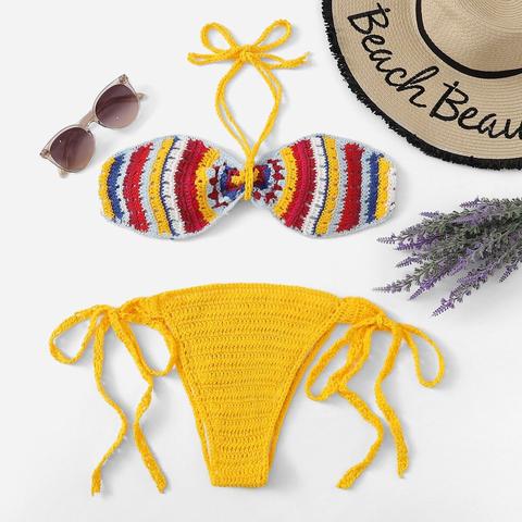 Completo Bikini All'uncinetto Con Coulisse Laterale