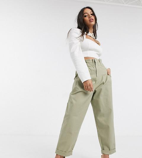 Pantalones Chinos Color Piedra Con Cintura Paperbag De Asos Design Petite-beis