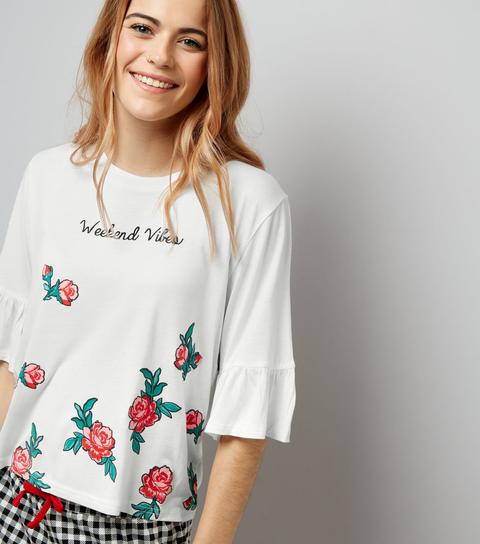 New Look White Rose Print Weekend Vibes Pyjama Set