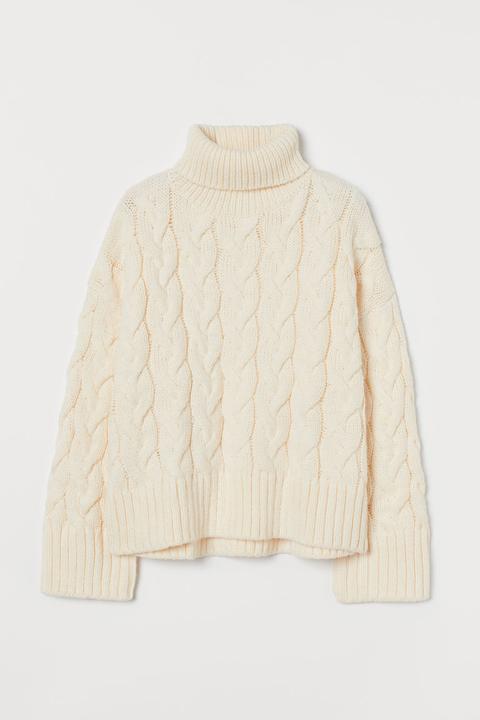 Cable-knit Polo-neck Jumper - White