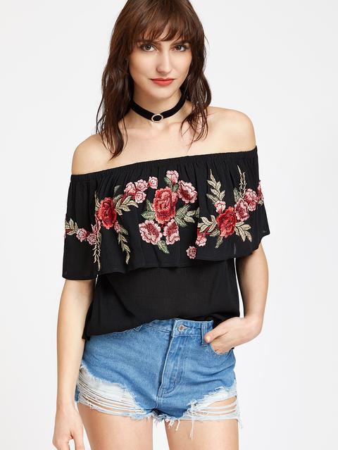 Black Rose Patch Ruffle Off The Shoulder Top