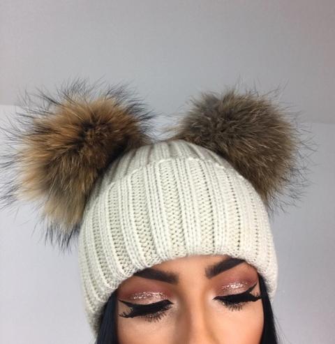 2 Bobble Faux Fur Beanie- Beige
