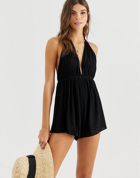 Mono Corto Con Cuello Halter Y Diseño Arrugado De Asos Design-negro