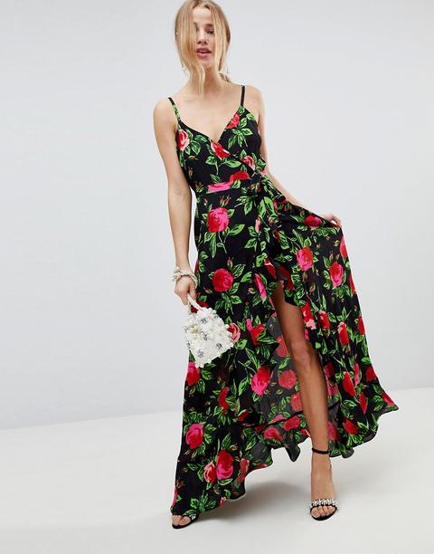 Vestido Maxi De Tirantes Con Volante En La Parte Delantera Y Diseño Cruzado En Estampado Floral Llamativo De Asos