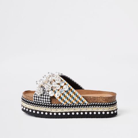 Grey Cross Strap Embellished Platform Sliders