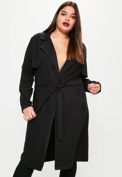 Plus Size Black Draw Cord Trench Coat