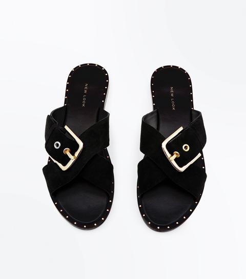 Black Suede Cross Strap Studded Sliders New Look