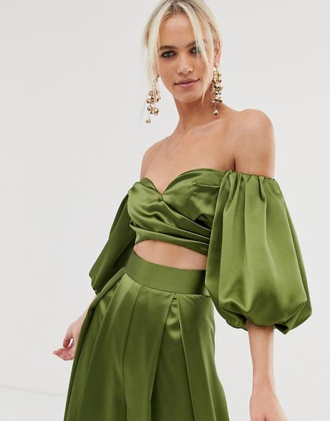 Top Corto Con Plisado En La Parte Delantera Y Escote Bardot En Satén De Asos Edition-verde