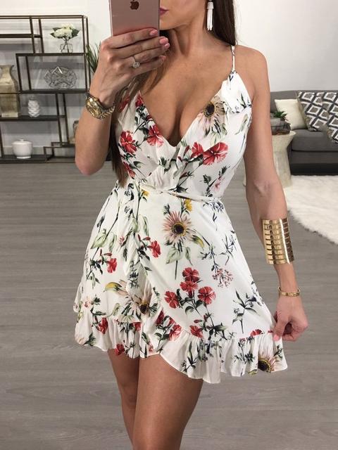 Floral Print Deep V Ruffle Belted Slip Dress