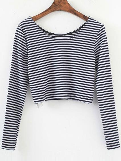 Black Striped Long Sleeve Crop T-shirt