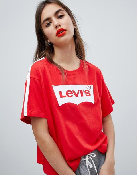 Levi's - T-shirt Corta Rossa Con Maniche A Pipistrello E Righe Sulle Maniche - Rosso