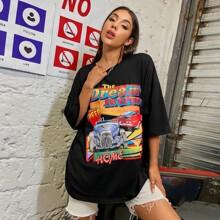 Camiseta Amplia De Hombros Caídos Con Estampado De Slogan