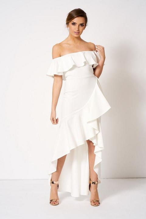 **white Bardot Asymmetric Maxi Dress By Club L London