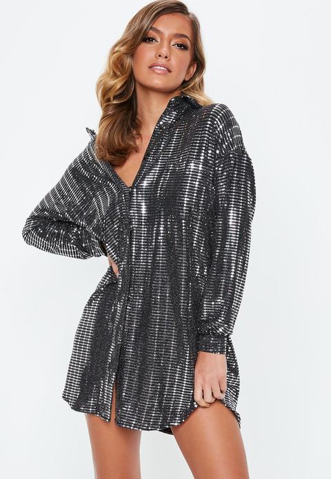 Grey Sequin Long Sleeve Shirt Dress, Grey