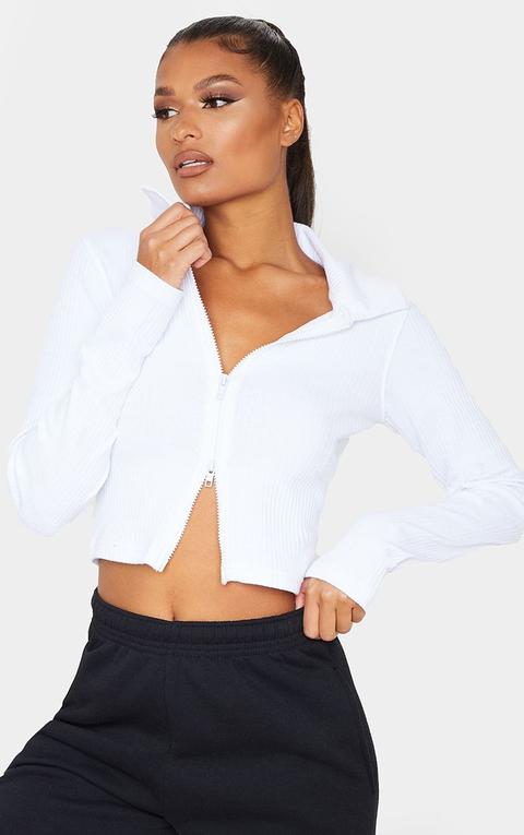 White Jumbo Rib Collar Double Zip Top