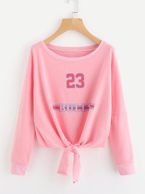 Letter Print Knot Front Sweatshirt