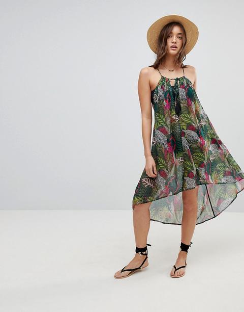 Asos Design Beach - Caftano Minimal Asimmetrico In Chiffon Con Stampa Tropicale - Multicolore