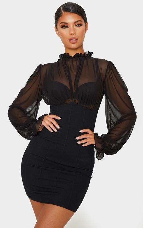 Black Bandage Mesh Bodice High Neck Bodycon Dress