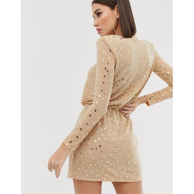 Flounce London Sequin Mini Dress With Shoulder Pads In Gold from