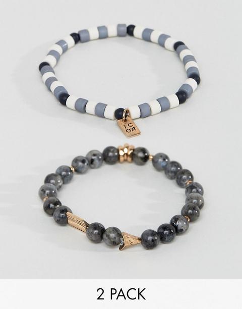 Icon Brand - Set Da 2 Bracciali Di Perline Grigie - Grigio