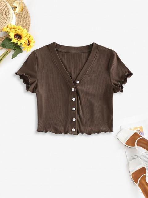 Zaful Camiseta Corta Acanalada Con Botones Light Blue White Deep Brown Light Green