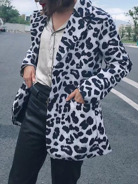 White Leopard Print Pockets Buttons Turndown Collar Fashion Blazer Coat