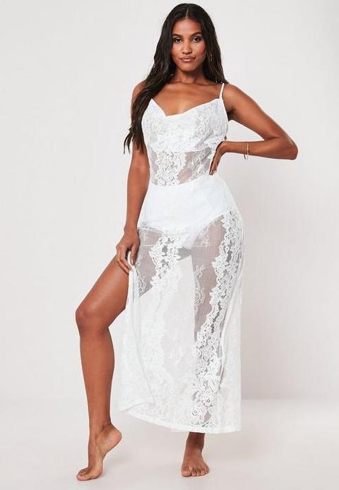 Premium White Lace Cowl Neck Maxi Beach Dress, White