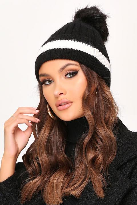 Black Knitted Stripe Pom-pom Hat