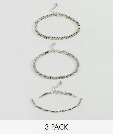 Asos Pack Of 3 Twisted And Box Chain Bracelet - Rhodium